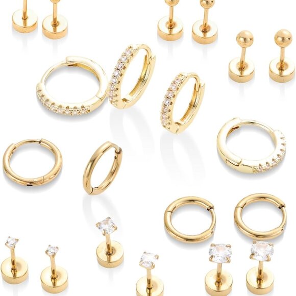 14K Gold Small Hoop and Stud Earrings Set with Cubic Zirconia for Women - Picture 1 of 7